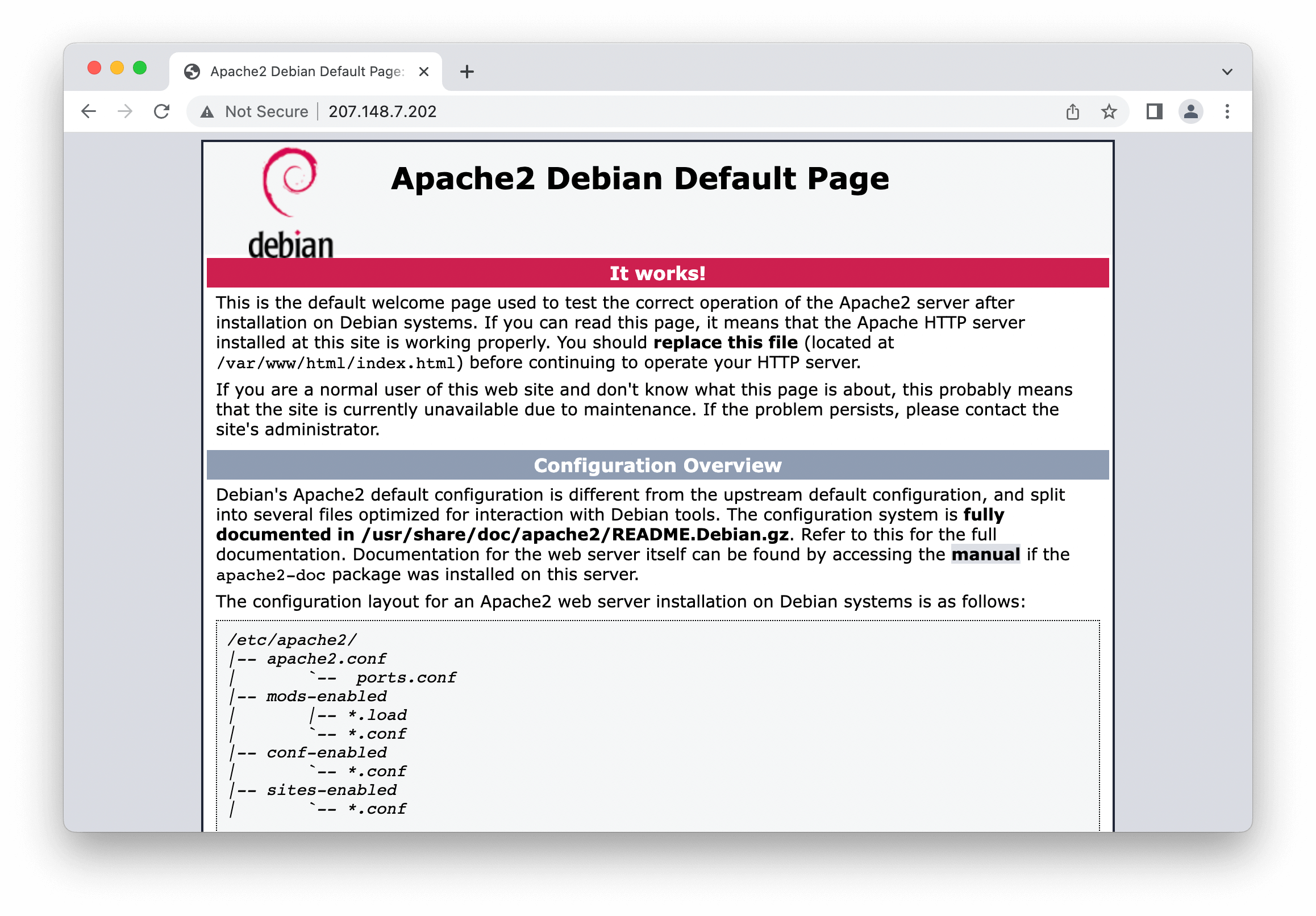 The defualt Debian's Apache landing web page